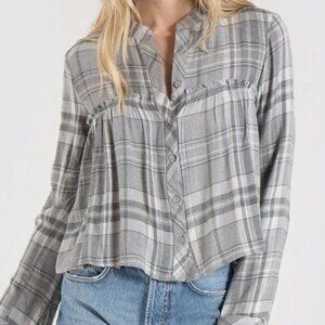 Anthropologie Cloth & Stone Gray Plaid Long Sleeve Tunic Blouse Sz XS